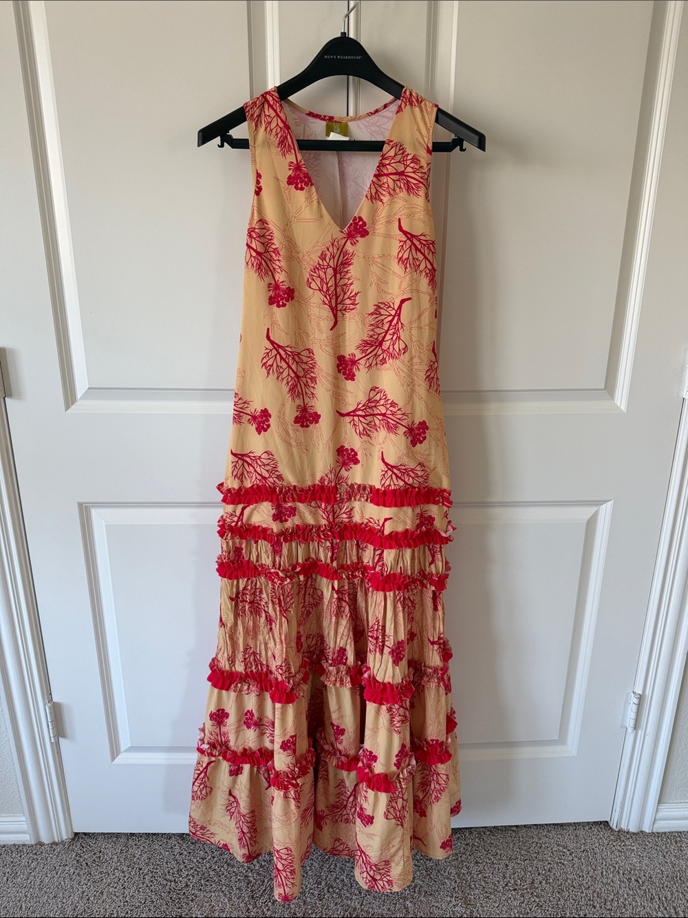 Sleeveless Cream Maxi Dress with Red Floral Print - Unbranded
